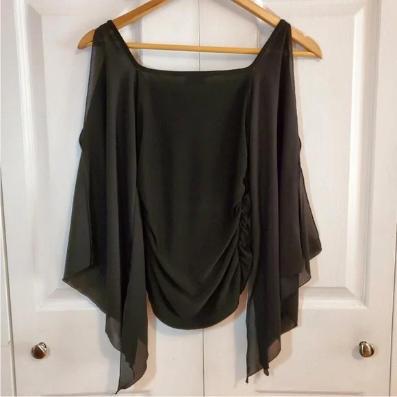 VINTAGE 90’s GOTHIC VAMPIRE LACE UP FLARE SLEEVE RHINESTONE TOP COLD SHOULDER - Picture 2 of 5